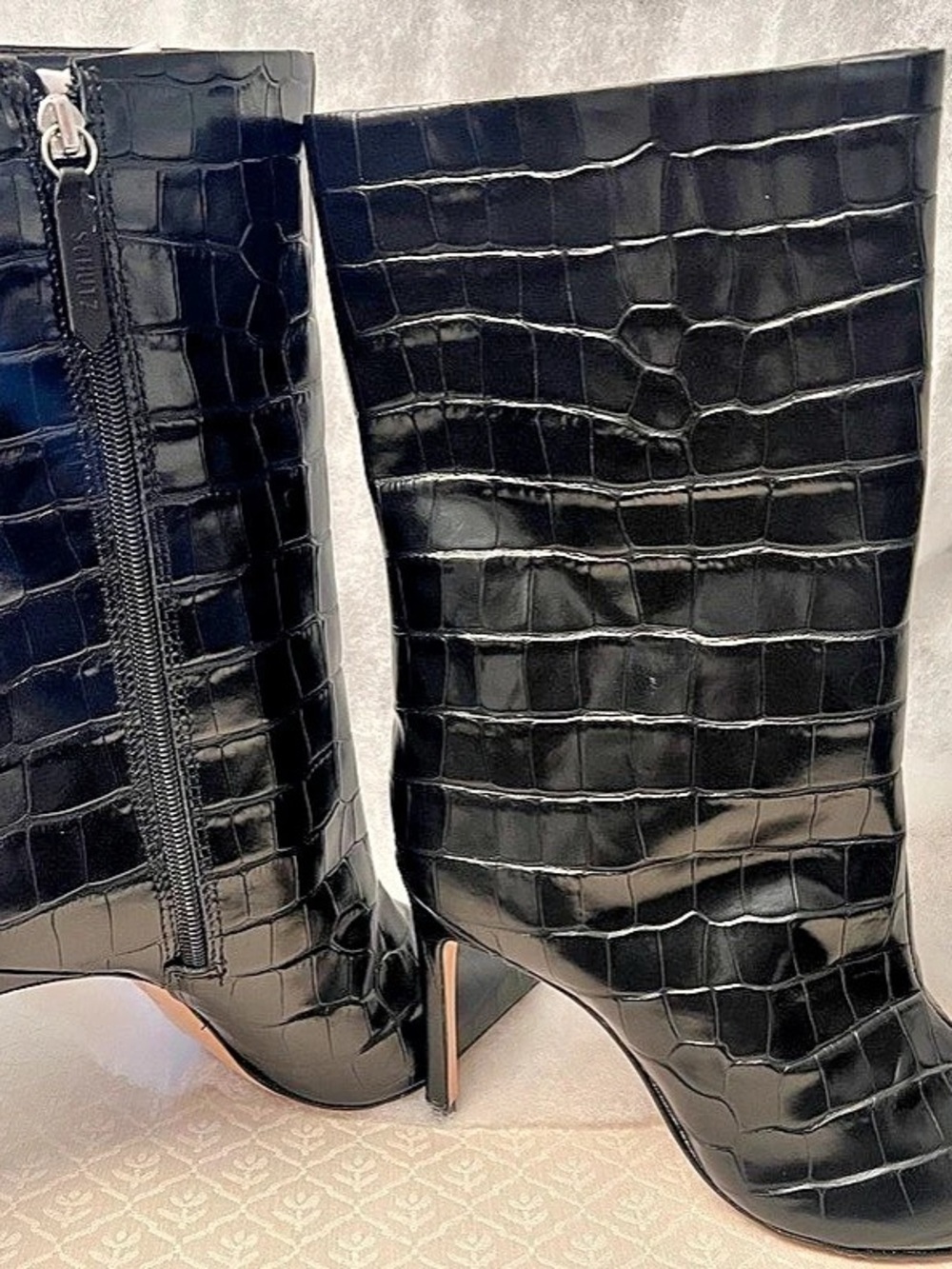 Schutz Maryana Croc-Embossed Leather Boot Heeled Boots Black